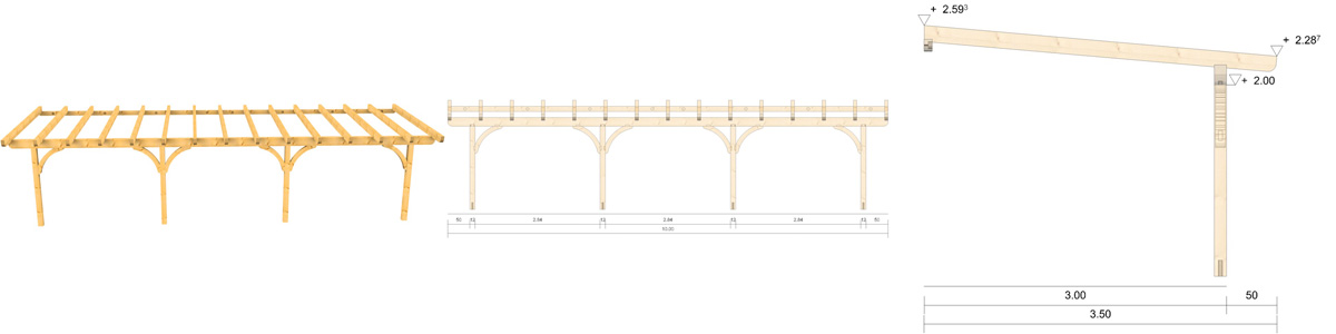 Holz-Terrassenüberdachung 10m Breite und 3m Tiefe