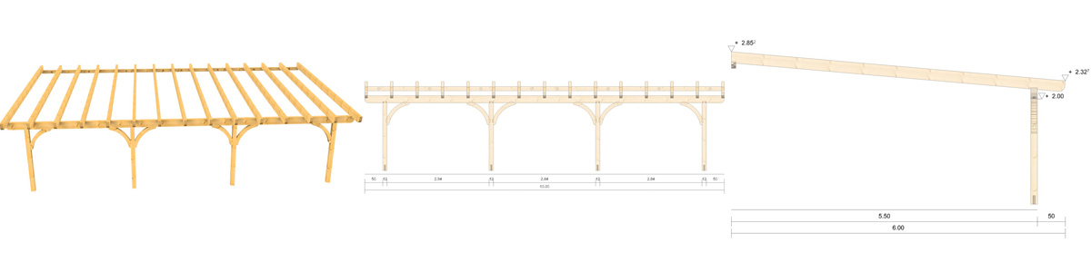 Holz-Terrassenüberdachung 10m Breite und 5,5m Tiefe