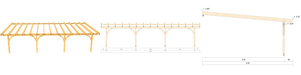 Holz-Terrassenüberdachung 10m Breite und 5m Tiefe