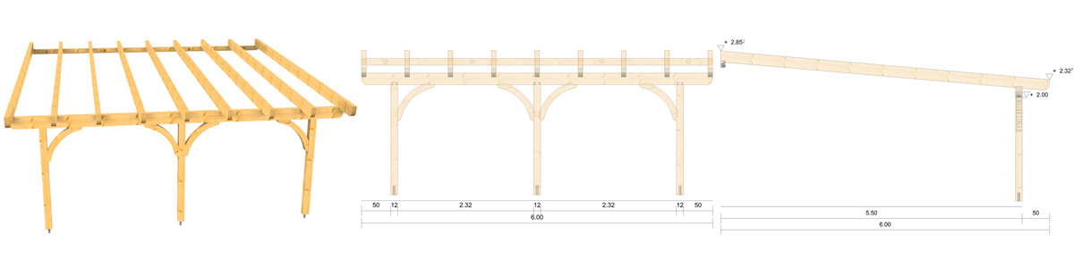 Holz-Terrassenüberdachung 6m Breite und 5,5m Tiefe