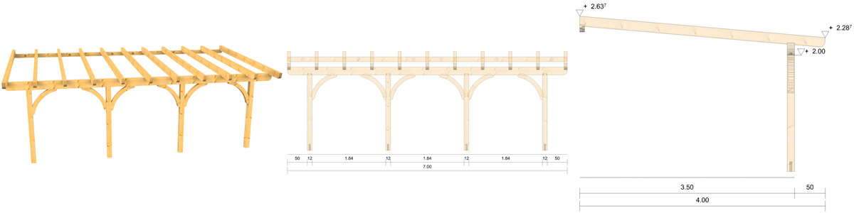 Holz-Terrassenüberdachung 7m Breite und 3,5m Tiefe