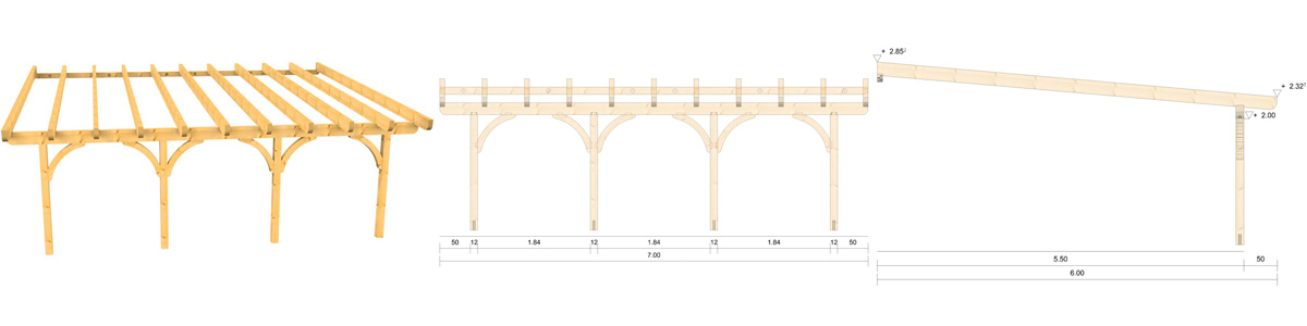 Holz-Terrassenüberdachung 7m Breite und 5,5m Tiefe